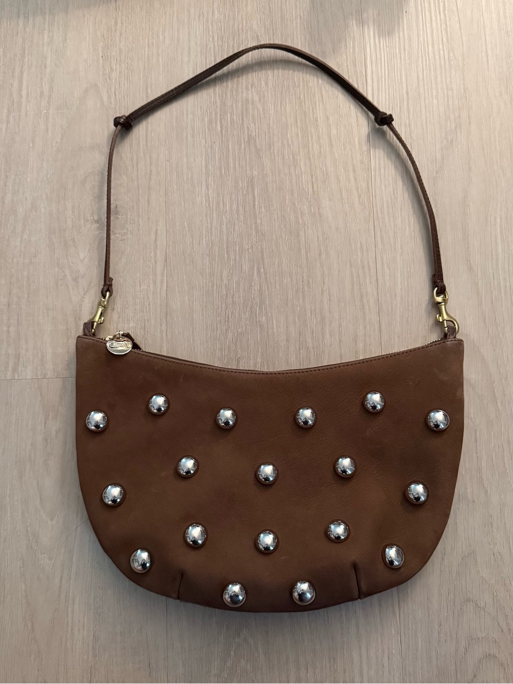 Clare V Lune Studded Brown Leather Shoulder Bag Silver Studs - Picture 2 of 11